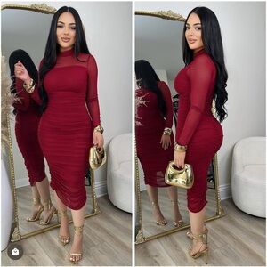 Nwt cherry red sheer sleeves ruched midi dress cocktail